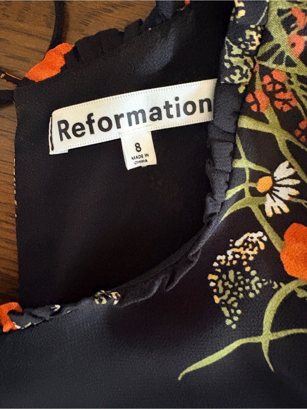 Reformation Black Floral Midi Dress with Orange and Green Print - Picture 6 of 7